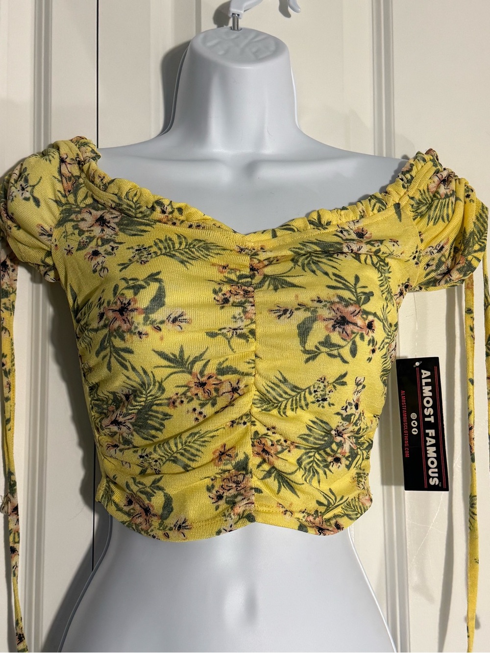 Almost Famous Yellow Floral Off-Shoulder Ruched Crop Top with Tie Sleeves